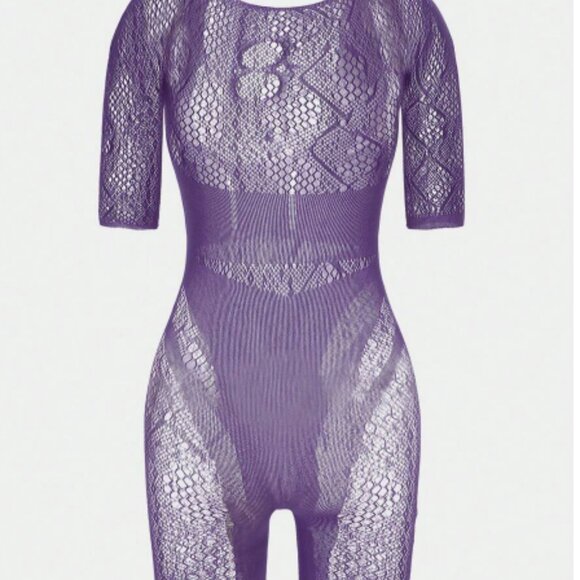 Purple Cut-Out Pattern Bodycon One Piece Fishnet Bodysuit - Picture 6 of 8